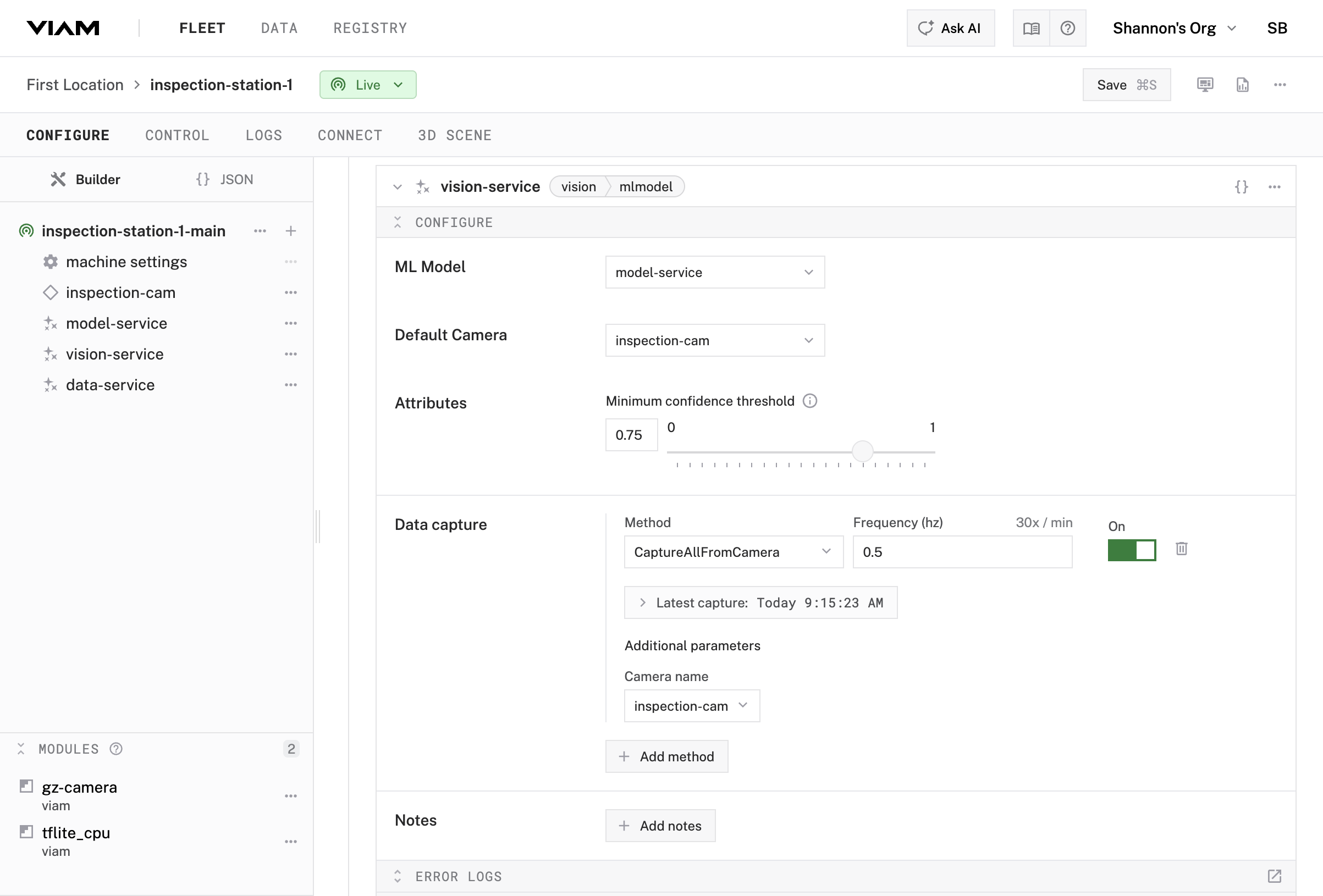 Vision service configuration showing data capture enabled with CaptureAllFromCamera method at 0.5 Hz.